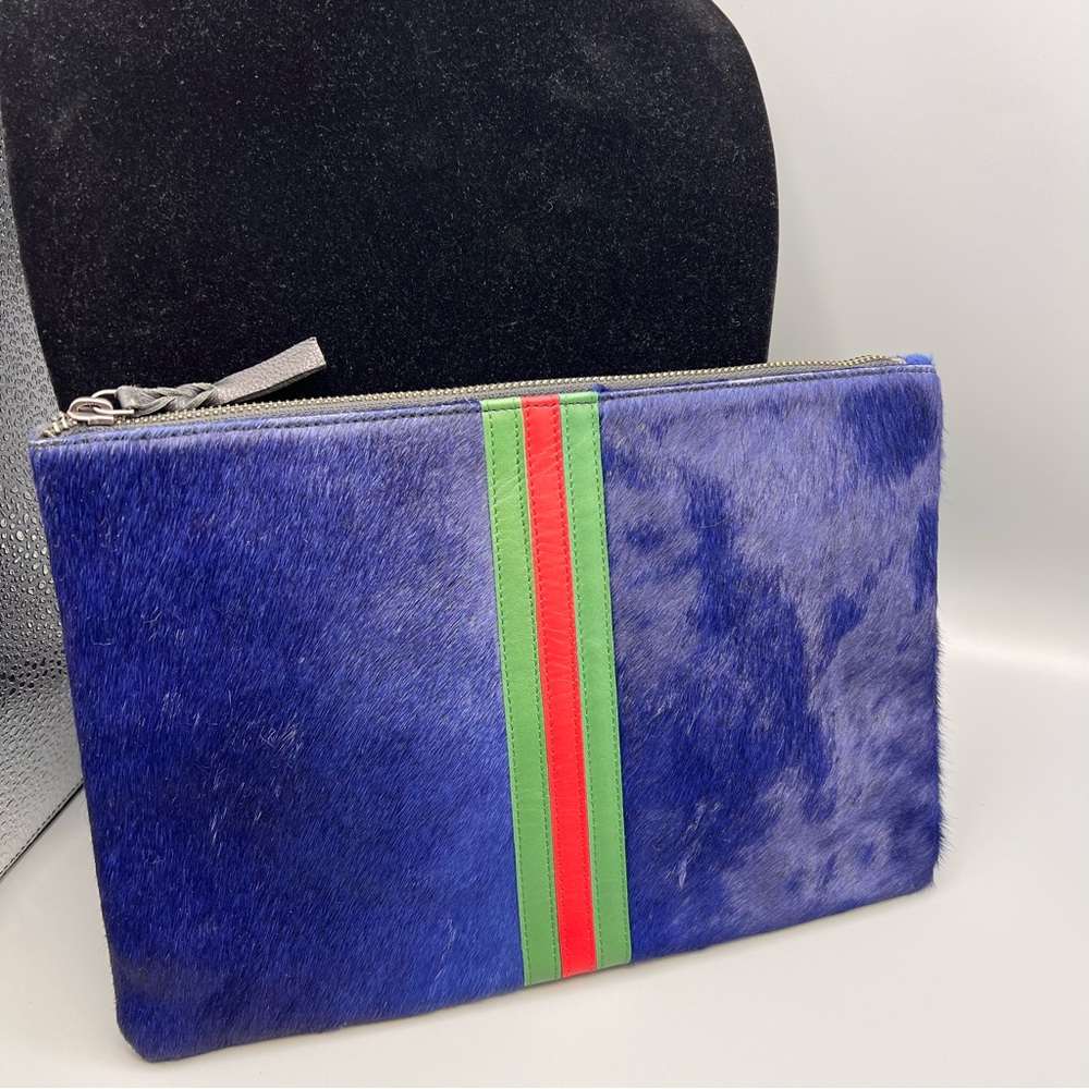 Parker & Hyde Navy Blue Hair on Hide Leather Clutch with red and green stripes